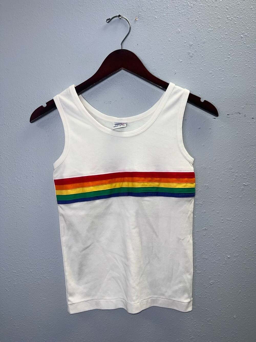 Vintage 70s Volleys Rainbow Striped Tank Top Sleeveless Shirt White Youth L 0628